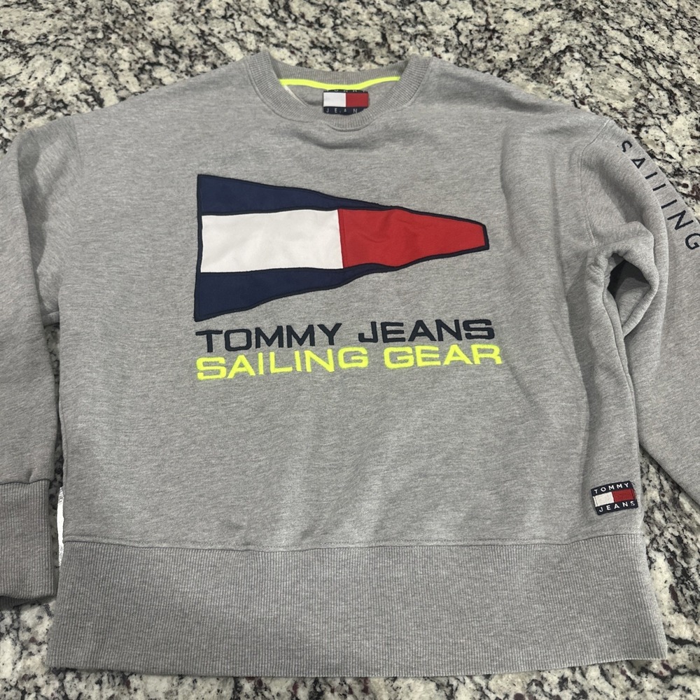 Tommy Jeans Sweatshirt Mens Large Gray Sailing Gear Flag Crewneck Pullover Logo